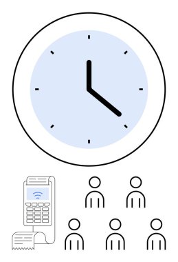 Büyük bir saat, faturalı bir ödeme terminali ve beş basit insan figürü. İş verimliliği, zaman yönetimi, takım çalışması, üretkenlik, teknoloji entegrasyonu, programlama ve proje için ideal