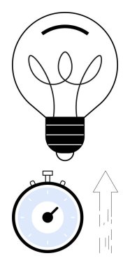 Ampul kronometresi ve yukarı doğru ok. Yaratıcılık, yenilik, zaman yönetimi, ilerleme, verimlilik, büyüme, motivasyon çizgisi metaforu için ideal