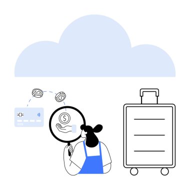 İş kadını kredi kartı, bozuk para ve bavul yanında büyüteçle online ödemeyi analiz ediyor. Finansal güvenlik için ideal, çevrimiçi işlemler, seyahat planlaması, e-ticaret, fintech