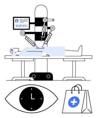 Bir saat ve sağlık çantası eşliğinde hastaya ameliyat yapan robotik kollar. Tıbbi yenilik, kesinlik teknolojisi, sağlık, ameliyat, zaman verimliliği, otomasyon ve modern