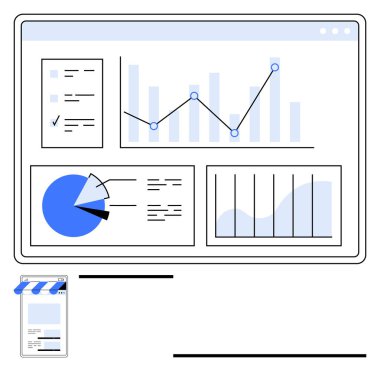 Çizgi grafiği, pasta grafiği, çubuk grafikleri ve akıllı telefonun yanındaki bir web analitik panelindeki veri listeleri. İş için ideal, istatistik, teknoloji, pazarlama, e-ticaret analizi düz çizgi