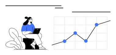 Bir dizüstü bilgisayarın yanında çalışan bir kadın büyüme ve veri noktalarını gösteriyor. İş analitiği, veri eğilimleri, finans, eğitim, üretkenlik, strateji, soyut çizgi düz metaforu için ideal