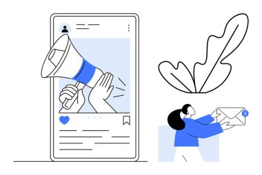 Akıllı telefon ekranındaki dijital megafon sosyal medya duyurularını simgeler. Üç tebligatlı bir zarfla ilgilenen kişi. Pazarlama, iletişim, sosyal etkileşim için ideal