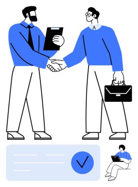 İki profesyonel iş adamı el sıkışıyor, biri bir dosya tutuyor, diğeri de evrak çantasıyla. İş ortaklıkları, ağ oluşturma, takım çalışması, başarı kutlamaları, iş kabulü, anlaşma kapatma için ideal