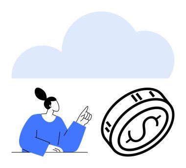 Kadın arkasında bulut olan büyük bir madeni parayı işaret ediyor. Finans, tasarruf, bulut hesaplama, yatırım, online bankacılık, fintech, iş büyümesi için ideal. Satır metaforu