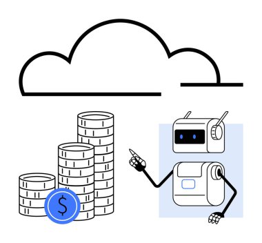 Dolar sembollü bozuk para yığınları ve bir madeni parayı işaret eden robotlar. Bulut hesaplama, yapay zeka, otomasyon, finans, teknoloji, yatırım, dijital para birimi için ideal. Satır metaforu