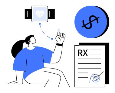 Uyanık, reçeteli ve dolar işaretiyle etkileşim halinde olan biri. Sağlık, teknoloji, sağlık izleme, reçeteler, finansal planlama, sağlık harcamaları için ideal temalar