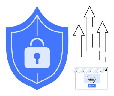 Kilitli kalkan gelişmiş güvenlik önlemlerini temsil ederken, yukarı çıkan oklar e-ticaret büyümesini gösteriyor. Satın alma düğmesi olan çevrimiçi mağaza gelişen bir pazar yeri anlamına geliyor. E-ticaret için ideal.