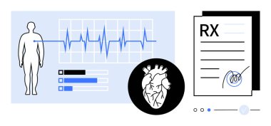 ECG grafik ve sağlık ölçümlerinin yanında insan silueti detaylı kalp diyagramı, imzalı reçete formları. Tıbbi, sağlık, tanı, kardiyoloji, reçeteler, hasta bakımı için ideal