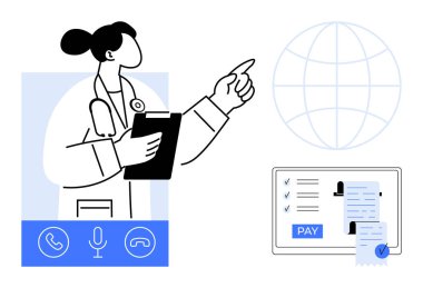 Elinde bir pano tutan doktor, uluslararası erişimi gösteren bir ikonu işaret ediyor. Yakınlarda bir ekranda sağlık faturası ve ödeme seçenekleri görülüyor. Teletıp ve küresel sağlık hizmetleri için ideal