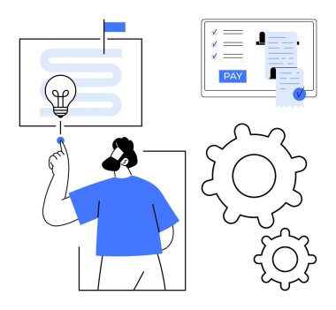 Adam fikir tuşu, mektup, belge dosyaları ve ödeme ekranı ile etkileşime geçiyor. Yenilik, iş stratejisi, iş akışı, süreç optimizasyonu, mali işlem teknolojisi entegrasyonu için ideal