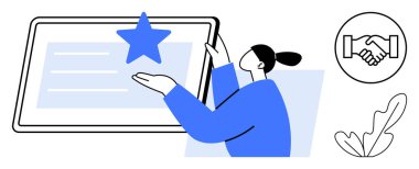 Dikdörtgen bir ekranda büyük bir yıldızın altını çizen kişi, el sıkışma simgesi ve bitki çizgisi. Takım çalışması, başarı, tanınma, ortaklık, bağlılık, başarı işbirliği için ideal