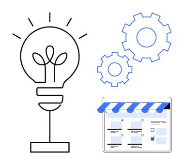 Yeniliği sembolize eden büyük ampul, süreç ve gelişim için iki mavi vites, e-ticaret mağaza önü web sayfası. Yaratıcılık, problem çözme, teknoloji, çevrimiçi iş, dijital