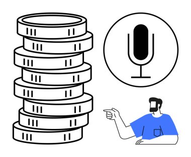 Büyük bozuk para yığını, daire şeklinde mikrofon ve zenginlik, iletişim ve yön temalarını gösteren bir kişi. Finansal hizmetler için ideal, podcast, eğitim, topluluk önünde konuşma