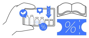 El ele tutuşmuş akıllı telefonlar ürün resimleri, indirimli semboller, aşk ve satış simgeleri. Yakınlarda açık defter ve indirimli bilet var. Çevrimiçi alışveriş, e-ticaret, pazarlama için ideal