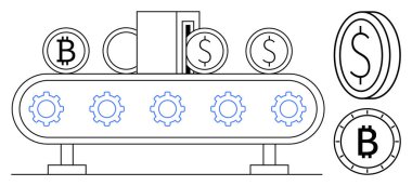 Bir taşıma bandındaki para birimi sembolleri, dönen dişlilerle, Bitcoin ve Dolar temsilleri arasında geçiş. Fintech, kripto para birimi, engelleme zinciri, finans, dijital işlemler için ideal
