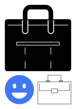 Siyah evrak çantası klipsi, mavi gülen yüz duygusu, özetlenmiş evrak çantası ikonu. İş dünyası, üretkenlik, profesyonellik, organizasyon, kariyer geliştirme, işyeri markalaşması için ideal