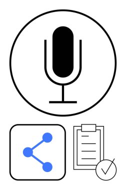 Çember içinde siyah mikrofon, mavi paylaşım düğümü ve işaretli kontrol listesi. İletişim, medya, paylaşım, görev örgütü, teknoloji, uygulamalar için idealdir.