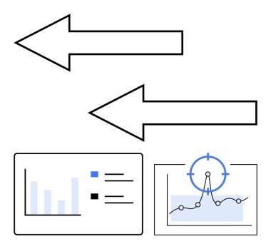Hedef simgeyle birlikte akışı, bar tablosunu ve çizgi grafiğini gösteren iki ok veri alışverişini, performans takibini, iş büyümesini, analitiği, karar vermeyi, teknolojiyi, soyut çizgi düz çizgiyi temsil ediyor.