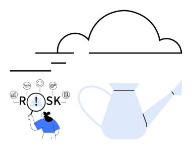 Risk metnini çevreleyen ikonlar ve büyüteçle riskleri analiz eden bir kadın. Su kabı ve soyut bulut. Ticari risk analizi, veri yönetimi, büyüme planlaması ve strateji için ideal