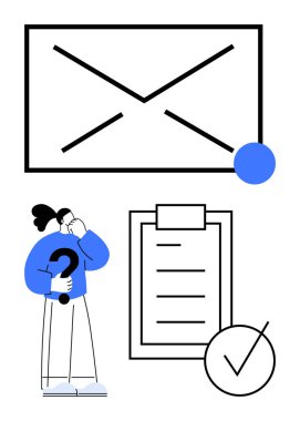 Large envelope with notification, clipboard checklist with a checkmark, puzzled figure holding a question mark. Ideal for task tracking, emails, reminders, decisions, project management, inquiries clipart