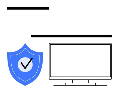 Bilgisayar işaretli mavi kalkanın yanında. Siber güvenlik, çevrimiçi güvenlik, veri koruması, güvenli tarama, internet güvenliği, ağ savunması ve bilişim güvenlik tasarım kavramları için ideal