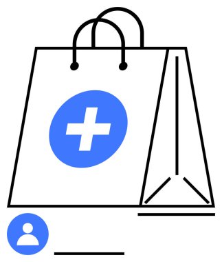 Mavi tıbbi haçlı alışveriş çantası ve kullanıcı profili simgesi. Sağlık, e-ticaret, teletıp, tıbbi dağıtım, çevrimiçi eczane, lojistik, soyut düz metafor için ideal