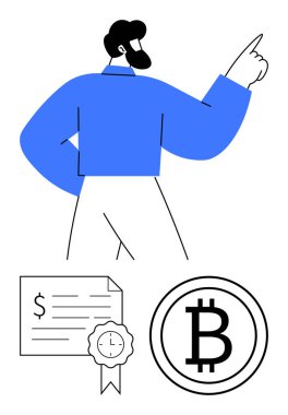 Mavi gömlekli bir işadamı, yanında bir sertifika ve Bitcoin ikonu var. Finans, kripto para birimi, çevrimiçi işlemler, yatırım, modern iş, yenilikçi teknoloji için ideal