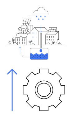 Güneş panelleri olan kentsel evler, yağmur suyu hasat sistemi, depolama tankı, dişli ikonu ve yukarı doğru ok. Sürdürülebilirlik, su geri dönüşümü, yenilenebilir enerji, kentsel planlama yeşil teknoloji için ideal