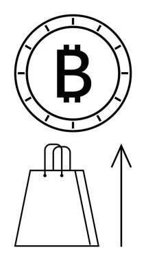 Bir alışveriş çantası ve yukarı doğru ok üzerinde Bitcoin logosu. Finans, yatırım, e-ticaret, kripto para birimi, çevrimiçi alışveriş, piyasa trendleri ve dijital para birimi için ideal. Satır metaforu