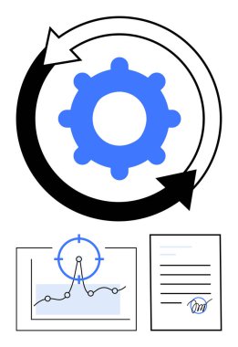 İşlemleri sembolize eden dairesel oklar halinde vites, KPI işaretleyicileri ve hedef ve imzalı belge ile grafik. İş akışları, proje yönetimi, optimizasyon, hedef belirleme, stratejiler, otomasyon için ideal