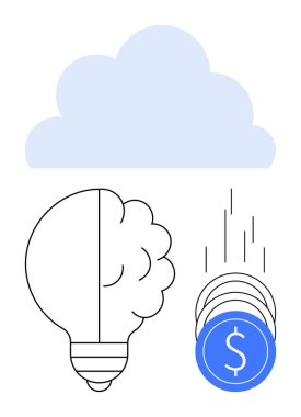 Ampul beyni, bulut da yağmuru simgeleyen madeni paraları birleştirir. Yenilik, teknoloji, bulut hesaplama, beyin fırtınası, finansal büyüme, yaratıcı düşünme çözümleri için idealdir. Satır metaforu