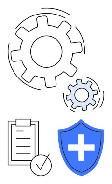 Büyük ve küçük vitesler, panoda kontrol listesi, beyaz haçlı mavi kalkan. Süreç otomasyonu, kalite yönetimi, sigorta, güvenlik, sağlık hizmetleri, uyum çizgisi düz metaforu için ideal