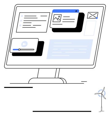 Computer screen displaying diverse multimedia elements thumbs up video, text, and image pop-ups. Nearby wind turbine symbolizes eco-conscious innovation. Ideal for productivity, digital media, clean clipart