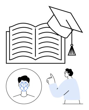 Open book with graduation cap, facial recognition profile, educator gesturing toward concepts. Ideal for education, e-learning, artificial intelligence in education, academic success, modern clipart