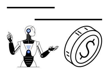 Paraya yakın hareket eden robot yapay zekaya dayalı finansal kararları sembolize ediyor. Fintech, otomasyon, gelecekteki ekonomi, yenilik, robotik, yapay zeka entegrasyonu, soyut kavram için ideal