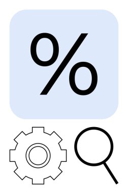 Mavi kare sembolü vites ve büyüteç üzerinde. Veri analizi, verimlilik optimizasyonu, mali ölçüler, iş stratejileri, performans takibi, süreç iyileştirmesi için ideal