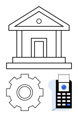 Banka binası, işletim süreçlerini sembolize eden teçhizat ve başarılı mali işlemler için işaretli makbuz makinesi. Finans, bankacılık, işlemler, teknoloji, ödemeler için ideal