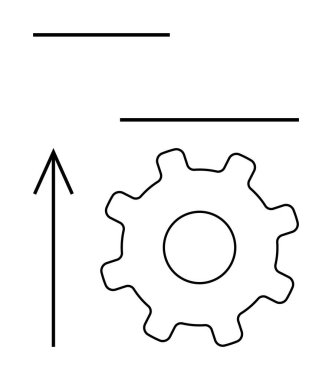 Yukarı doğru ok, iki yatay çizginin eşlik ettiği bir dişli çarkını gösteriyor. İlerleme, gelişme, mühendislik, otomasyon, büyüme, üretkenlik ve yenilik konuları için idealdir. Satır metaforu