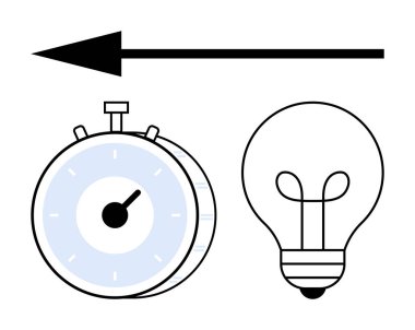 Saati ölçen kronometre, fikirleri sembolize eden ampul ve geri hareket eden ok. Üretkenlik, yenilik, zaman yönetimi, ilerleme, yaratıcı düşünme, soyut planlama için ideal