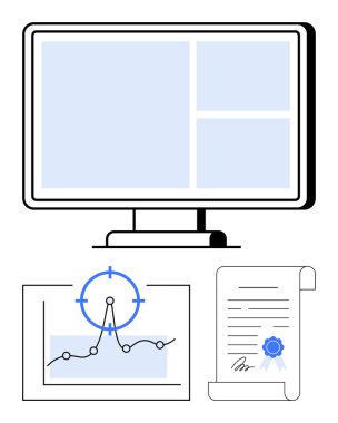 Veri görselleştirmeli monitör hedefli analiz içeren bir grafik ve sertifika mührü olan imzalı bir belge. Analiz, araştırma, karar verme, öğrenme ve doğrulama için ideal