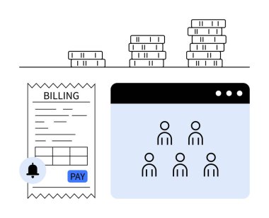Fatura makbuzu, bildirim alarmı, grup işbirliği penceresi ve birikmiş paralar. Ödeme sistemleri, fatura, takım çalışması, iş finansmanı, otomasyon bildirimleri için ideal
