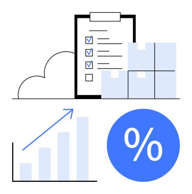 Panoda kutulu kontrol listesi, sağa doğru artan çubuk grafiği, büyük yüzdelik işareti. İş stratejisi için ideal, envanter yönetimi, büyüme analizi, verimlilik takibi, mali