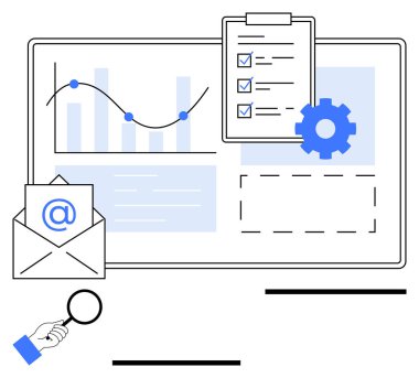 Grafik, kontrol listesi, ayarlar, e-posta simgesi ve görev, planlama ve iş akışı öneren büyüteç. Üretkenlik, analitik strateji iletişim araştırma otomasyonu için ideal