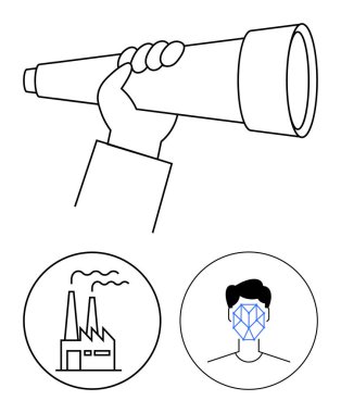 El ele tutuşan teleskop, sanayi, yapay zeka ve gözetim için fabrika ve yüz tanıma ikonları ile çevrili görüşü sembolize eder. Yenilik için ideal, gelecekteki eğilimler, teknolojik evrim, fırsatlar