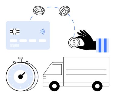 El transferi paraları, ödeme kartı, kronometre, teslimat kamyonu. E-ticaret için ideal, ödemeler, lojistik, dağıtım, hızlı ticaret soyut çizgisi düz metafor