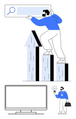 İş adamı arama çubuğuyla çizelgeye tırmanıyor, elinde ampul var, boş monitörün yanında. Ticari büyüme, analiz, yenilik, sunum, istatistik, kariyer ilerlemesi hedeflemek için ideal