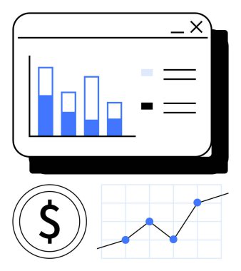 Bar tablosu, çizgi grafiği ve dolar işareti finansal performansı, analitiği ve iş büyümesini simgeler. Raporlar, yatırım eğilimleri, mali incelemeler ve tasarruf planlaması için ideal