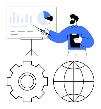 Çizelge kullanarak veri sunan, elinde bir pano tutan bir adam. Yanında vites ve dünya simgeleri var. İş stratejisi, küresel planlama, takım çalışması, veri analizi, verimlilik için ideal