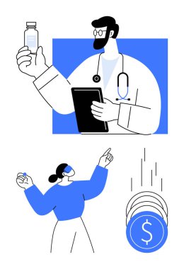 Steteskoplu bir sağlık görevlisi elinde bir tablet ve bir şişe tutuyor. Aşağıda, bir kadın bozuk paralara doğru hareket eder. Tıbbi, ilaç, mali, ekonomik, yatırım ve sağlık hizmetleri için ideal